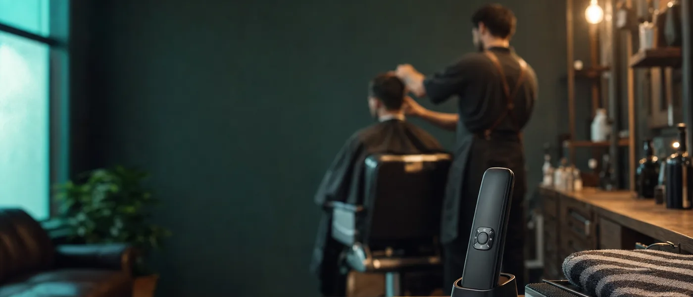 A phone on a barbershop counter glowing softly while a barber keeps working in the background