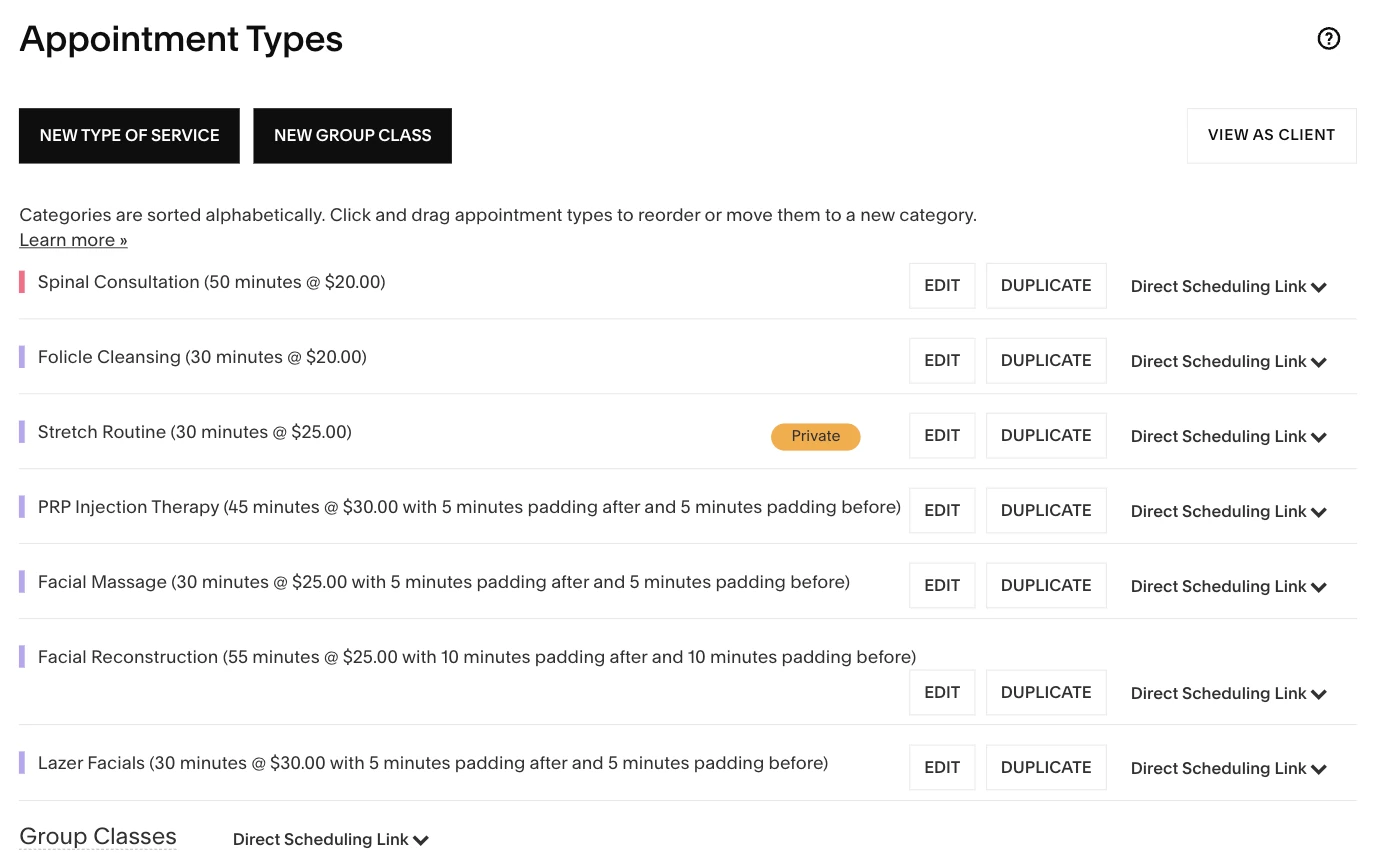 The Acuity Scheduling Appointment Types page showing durations, padding, a Private badge and a Group Classes category