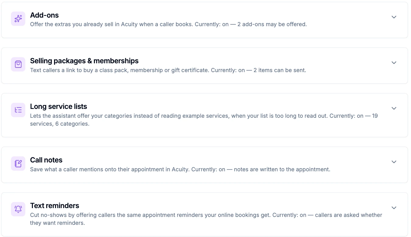 The Voka AI Manage Acuity settings list showing add-ons, packages, long service lists, call notes and text reminders