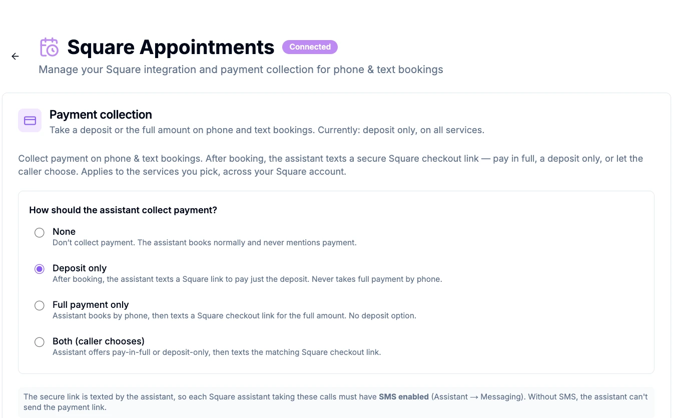 The Voka AI Square Appointments settings page showing the four payment collection modes
