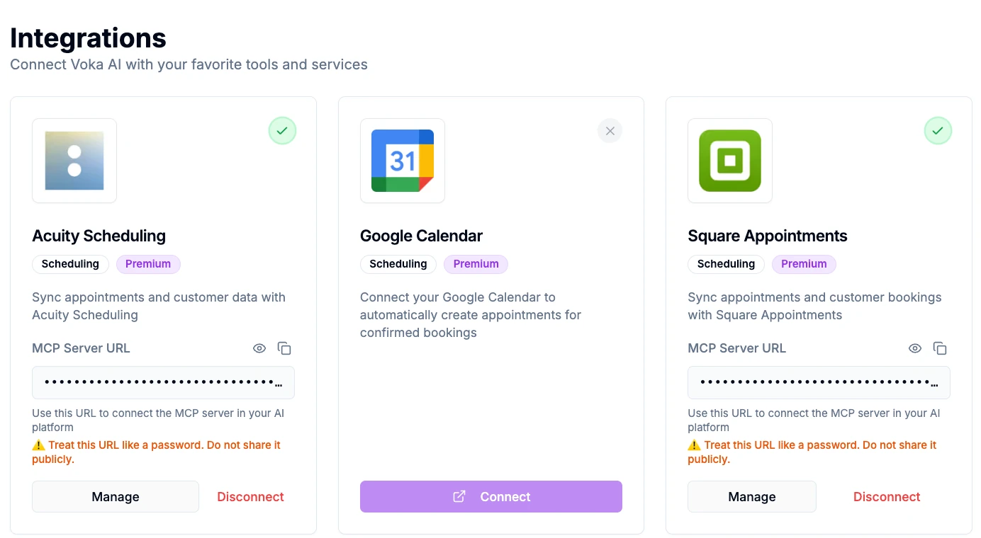 The Voka AI Integrations page showing Acuity Scheduling and Square Appointments connected, with Manage and Disconnect buttons