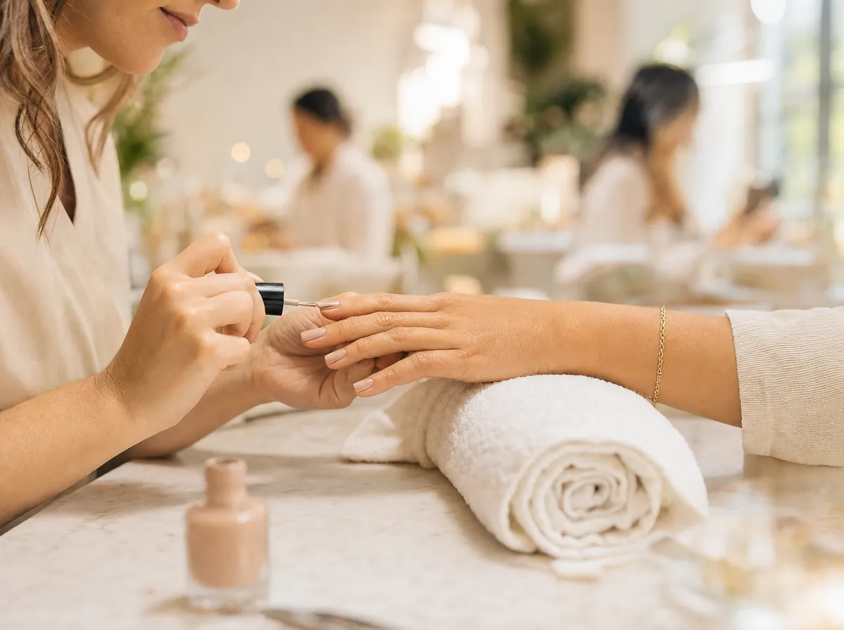 Close-up of a nail technician applying polish to a client's fingernail