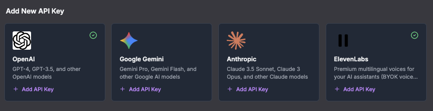 Add New API Key cards in the Voka AI dashboard: OpenAI, Google Gemini, Anthropic, and ElevenLabs