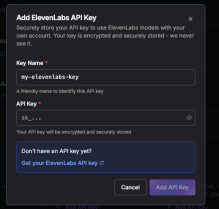 Add ElevenLabs API Key dialog in the Voka AI dashboard — the key is encrypted and securely stored