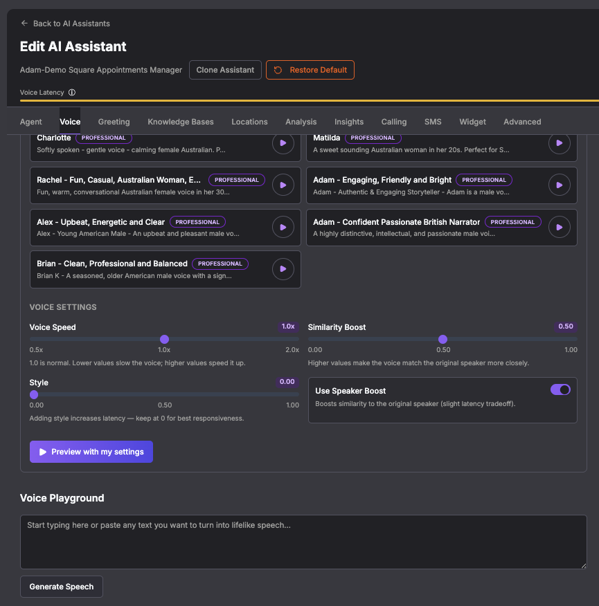 ElevenLabs voice tuning in the Voka AI assistant editor: professional voice picker with previews, voice speed, similarity boost, style and speaker boost sliders, and the Voice Playground