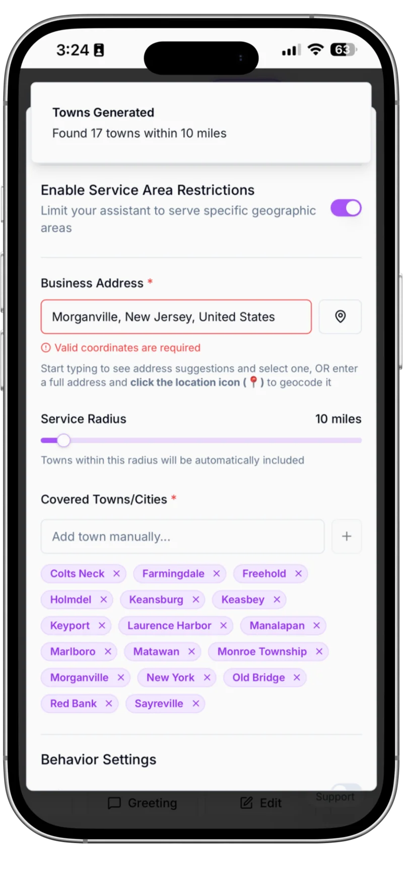 Service Area Configuration - Define geographic coverage