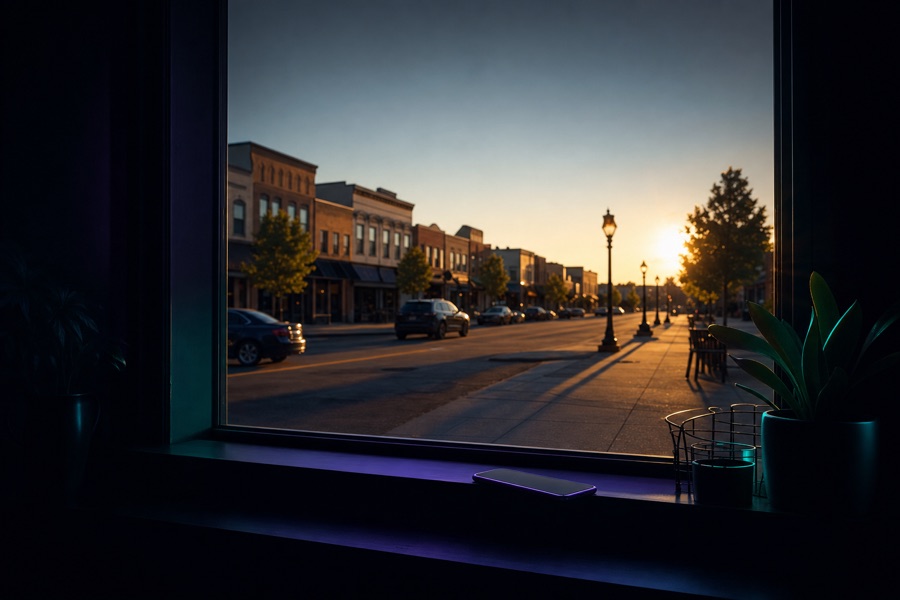 A small-town main street at sunset seen through a shop window, storefronts and streetlamps running down the block.