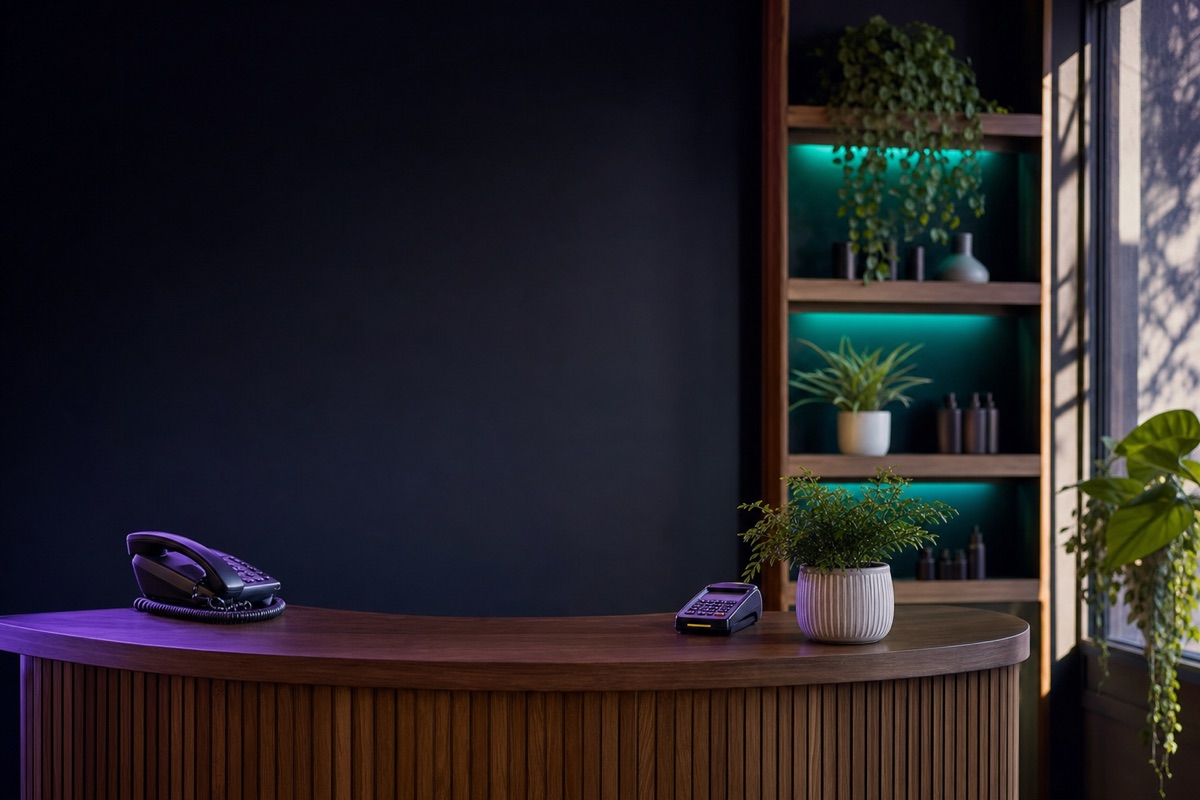 An independent business reception counter in warm daylight, a desk phone on the wood under a soft violet glow.