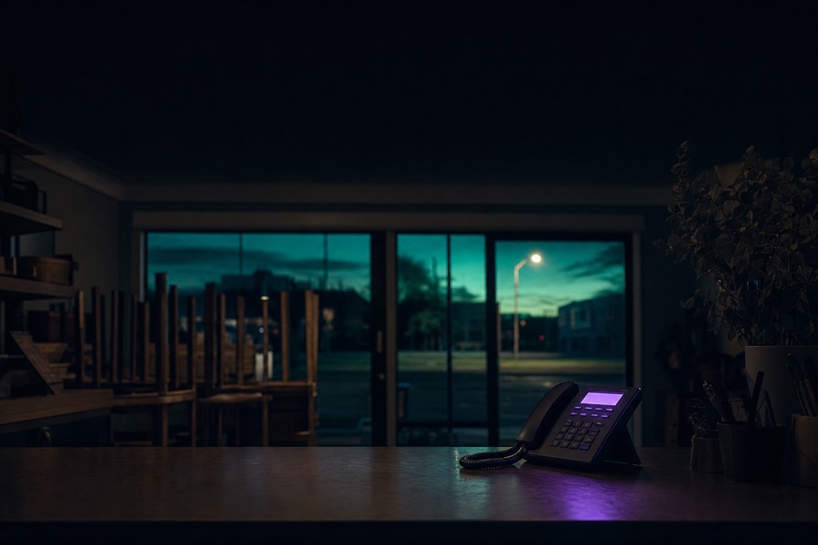 A closed shop at night, chairs stacked on the tables and the street empty outside, with a single desk phone lit on the counter.