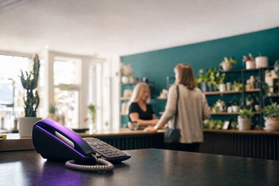 A desk phone in the foreground of a busy shop counter while the owner serves a customer behind it.